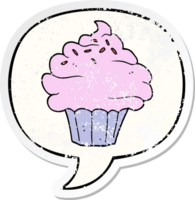 cupcake de dibujos animados y etiqueta engomada angustiada de la burbuja del discurso png