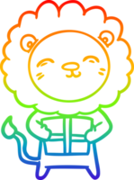 rainbow gradient line drawing cartoon lion with christmas present png