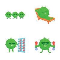 antibiótico resistencia íconos conjunto dibujos animados vector. bacterias derrotando medicación vector