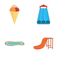 Aquapark rest icons set cartoon vector. Summer holiday in water park vector