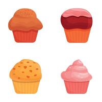 Cupcake icons set cartoon vector. Cupcake and muffin various flavor and color vector