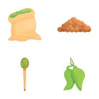 Lentil icons set cartoon vector. Green lentil pod and seed in bag and spoon vector