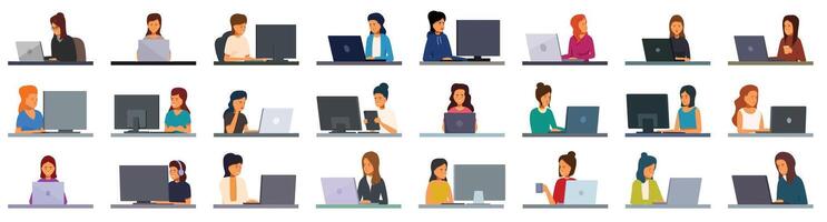 Software programmer girl icons set cartoon vector. It profession vector