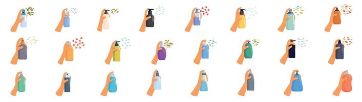 Hands perfume dispenser icons set cartoon vector. Human aerosol vector