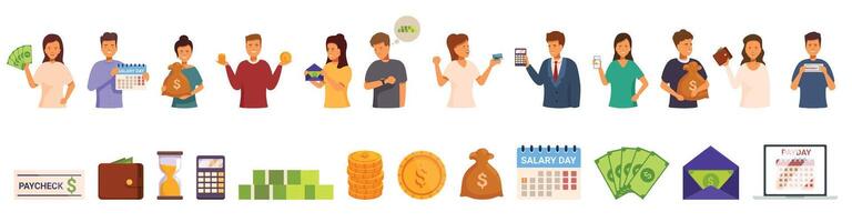 People payday icons set cartoon vector. Event paycheck vector