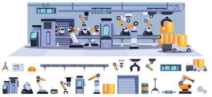 Robot conveyor belt icons set cartoon vector. Machinery line vector