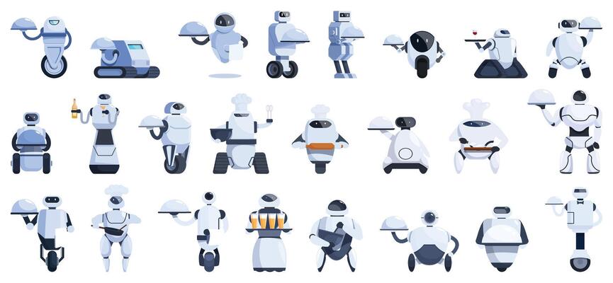 Robot restaurant icons set cartoon vector. Food industry