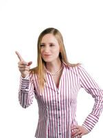 Young blond caucasian woman pointing finger scolding photo