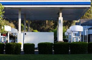 Folsom, CA, 2014 - Gas Station Pump Island Cars Green Shrubs photo