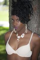 Young Attractive African American Outdoors in Bra photo