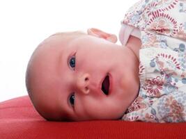 new born infant portrait laying on red pillow photo