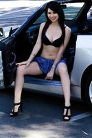 Smiling Asian American Woman Sitting In Car Outdoors photo