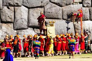 Cusco, Peru, 2015 - Inti Raymi Festival Inca King Being Carried In Standing South America photo