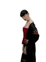 Woman in Red Corset Black Robe and stockings photo