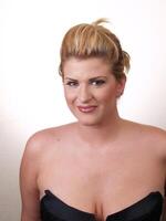 Blond Caucasian Woman In Bare Shoulders Portrait Black Dress photo