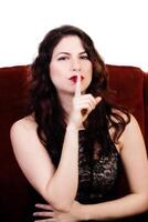 Brunette Caucasian Woman With Finger To Lips photo