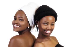 Smiling Portrait Of Two African American Sisters Head Scarfs photo