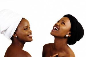 Bare Shoulder Portrait Two Black Sisters In Head Scarves photo