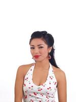 Pretty Hispanic Woman In White Top With Red Cherries photo