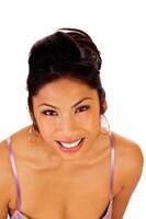 Attractive Pacific Islander Woman Smiling Portrait In Purple Bra photo