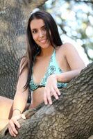 joven mujer azul bikini en roble árbol foto