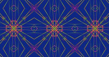 Abstract Kaleidoscope Patterns On Blue Background In Purple Green Yellow Lines photo