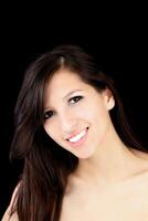 Smiling Portrait young caucasian woman bare shoulder photo