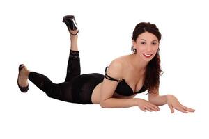 Smiling Caucasian Woman Bra Stockings Reclining Skinny photo