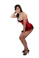 Young Woman Standing Red Corset Black Panties photo