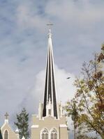 Palo Alto, CA, 2008 - Church steeple with clouds bird and tree photo