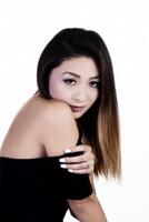 Attractive Asian American Woman With Bare Shoulder Dress photo
