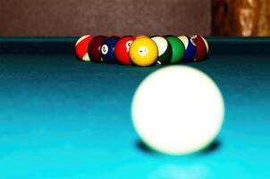 Pool Table With Balls Racked Up For Break photo