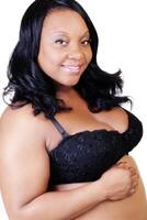 Plus Sized Pregnant African American Woman Black Bra photo