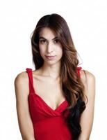 Portrait Skinny Latina Woman Red Top Cleavage photo