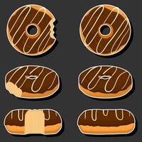 Illustration on theme big set different types sticky donuts, sweet doughnuts various size vector