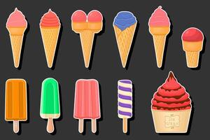 Illustration on theme big kit ice cream popsicle different types in cone waffle cup vector