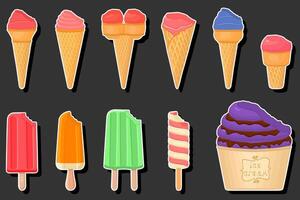 Illustration on theme big kit ice cream popsicle different types in cone waffle cup vector