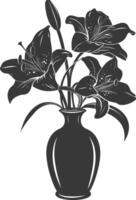 AI generated Silhouette Lily flower in the vase black color only vector