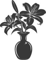 AI generated Silhouette Lily flower in the vase black color only vector