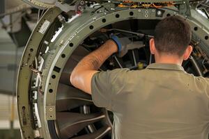 AI generated view from the back of aircraft maintenance technician working on turbine photo