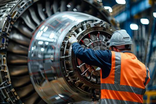 AI generated view from the back of aircraft maintenance technician working on turbine photo