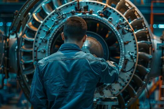 AI generated view from the back of aircraft maintenance technician working on turbine photo