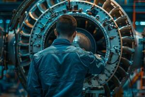 AI generated view from the back of aircraft maintenance technician working on turbine photo