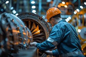 AI generated view from the back of aircraft maintenance technician working on turbine photo