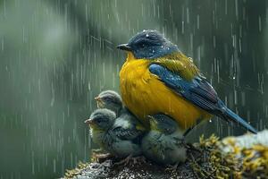 ai generado vistoso pájaro madre y hijos debajo el lluvia foto