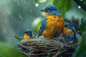 ai generado vistoso pájaro madre y hijos debajo el lluvia foto