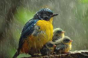 ai generado vistoso pájaro madre y hijos debajo el lluvia foto