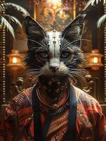 AI generated anthropomorphic cat wearing a white tribal African mask photo