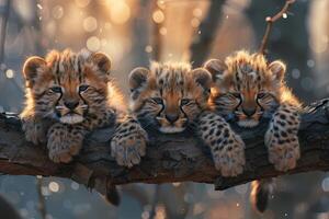 AI generated cheetah Baby group of animals hanging out on a branch, cute, smiling, adorable photo