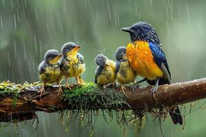 ai generado vistoso pájaro madre y hijos debajo el lluvia foto